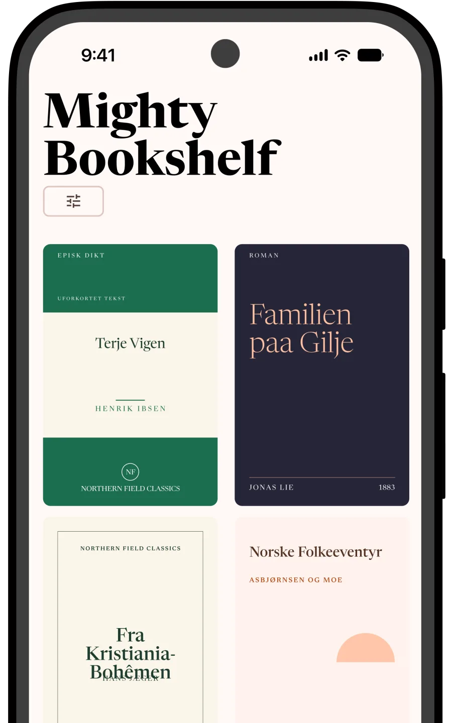 Bibliotekvisning med bokomslag i et rutenett