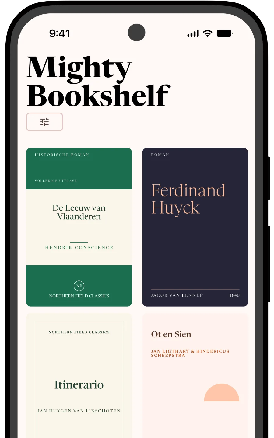 Bibliotheekweergave met boekomslagen in een raster