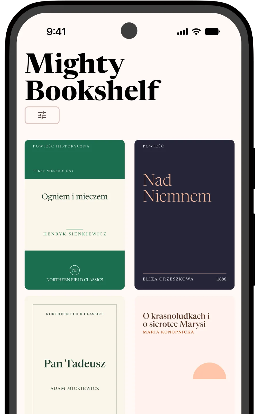 Widok biblioteki z okładkami książek w siatce