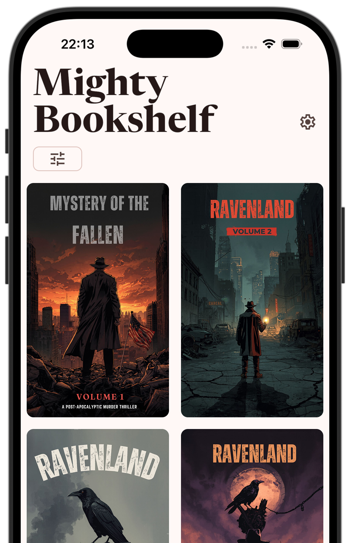 Library view showing book covers in a grid