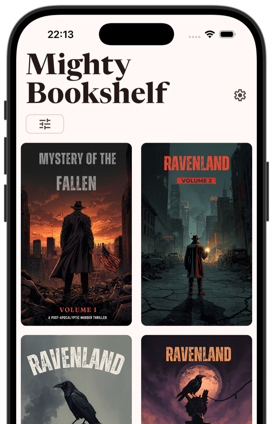 Library view showing book covers in a grid